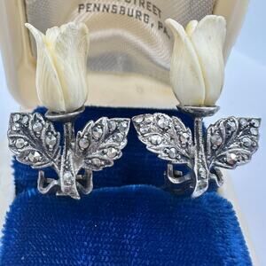 Germany antique 925 sterling silver marcasite carved bone rose clip on earrings